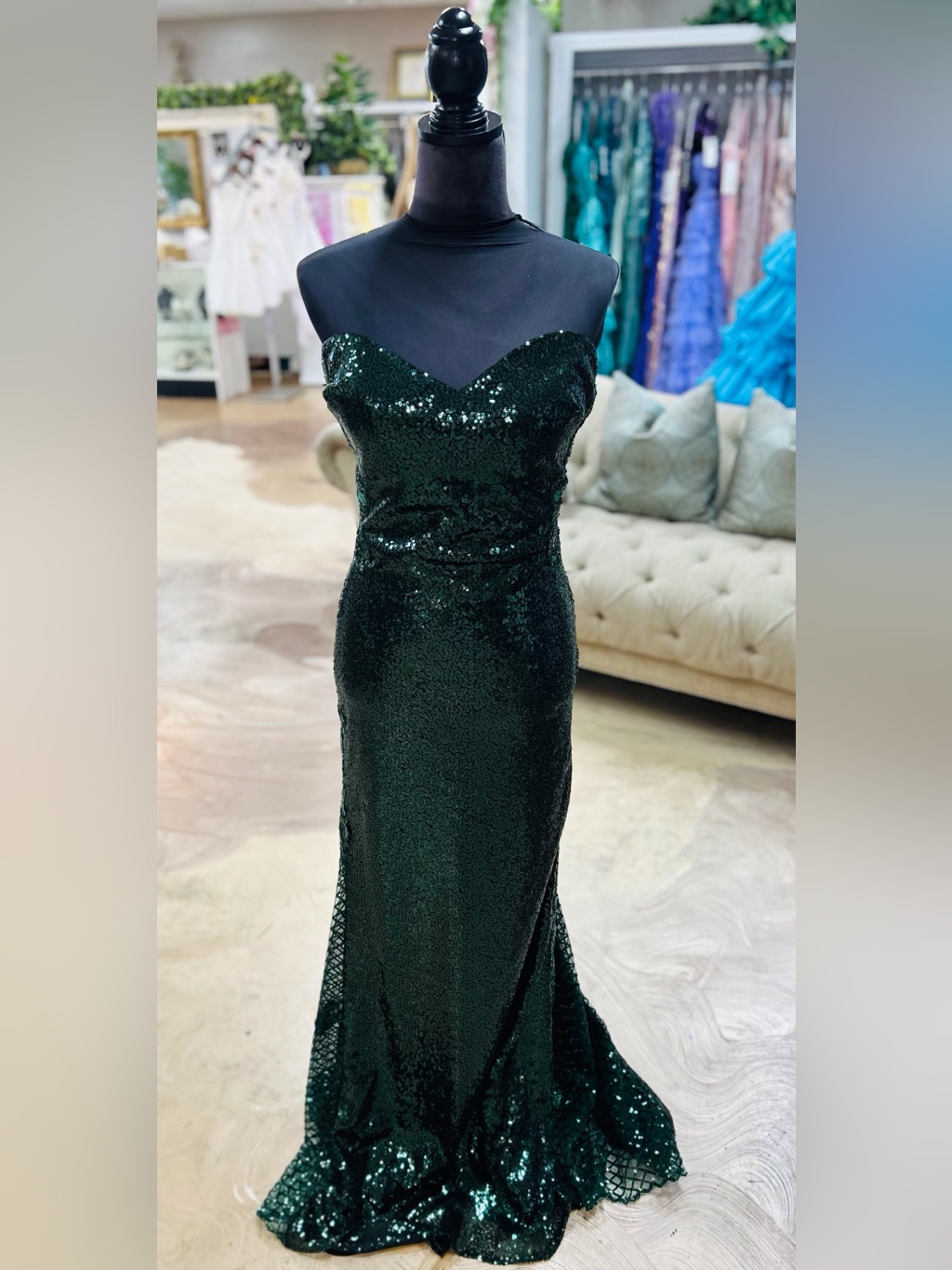 Strapless Emerald Sequin Prom Gown